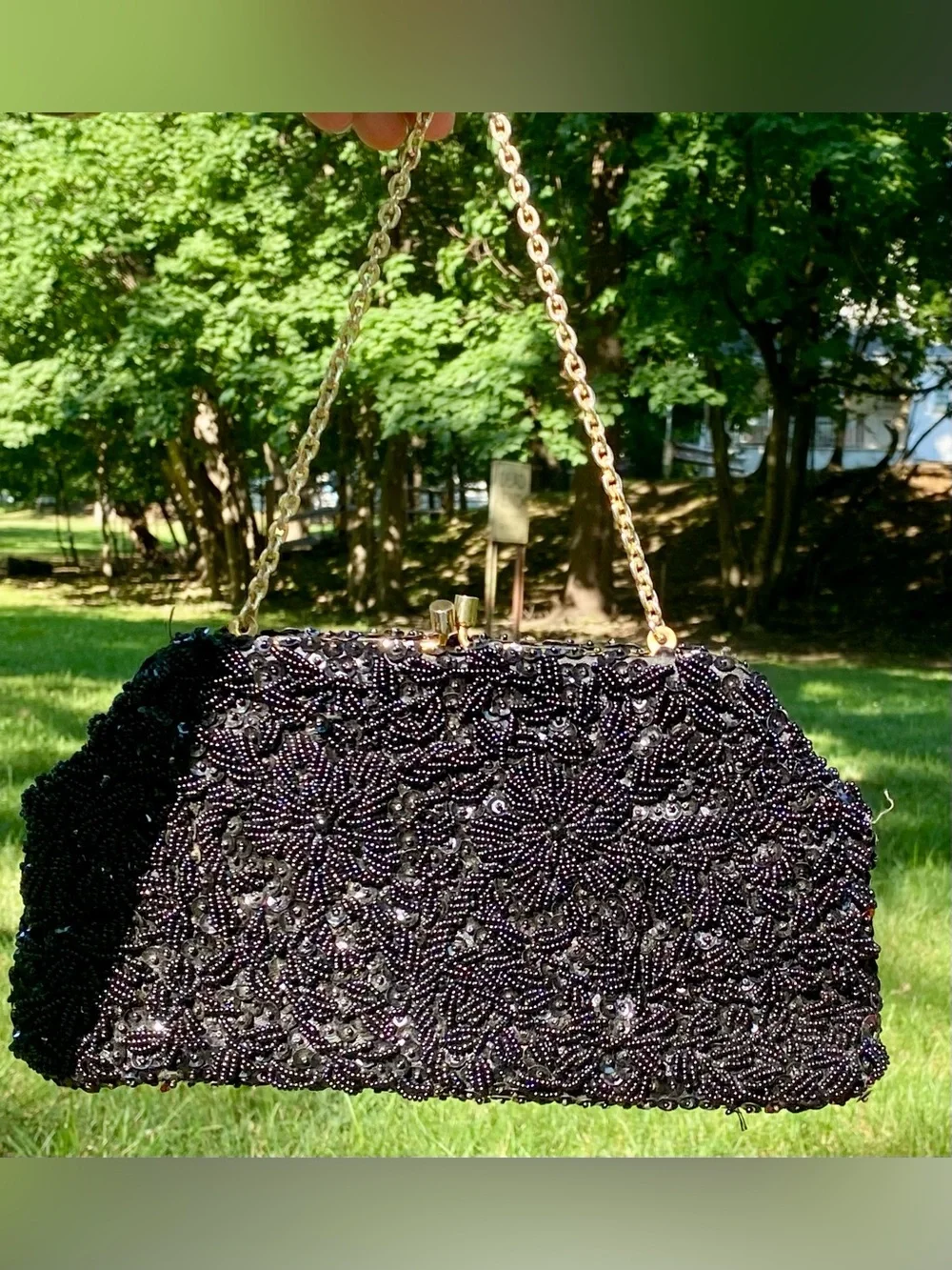 Hand-Beaded Black Prairie Clutch with Gold Chain